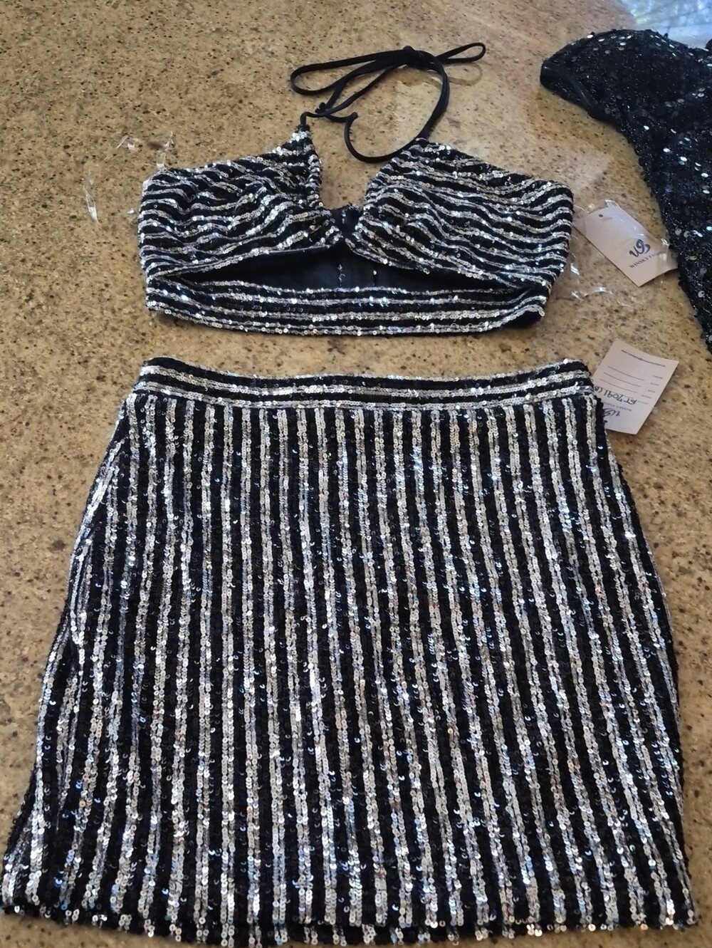 Sequin Stripe Two-Piece Mini Dress in Black & Silver